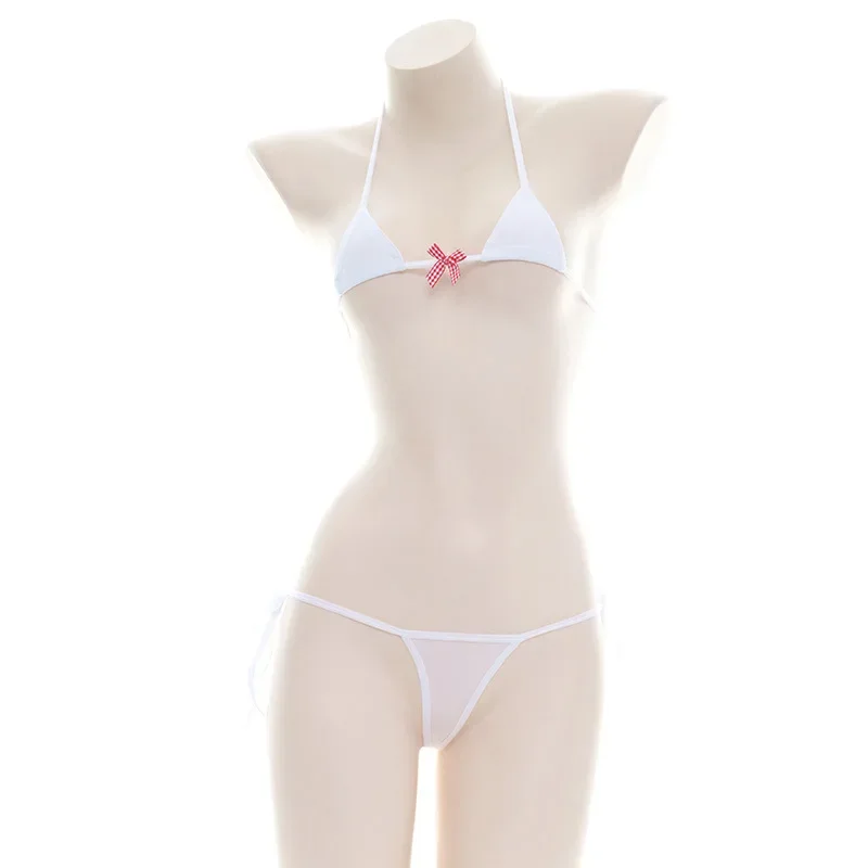 Sexy Three Point Lingerie Bikini Set Women Sweet Lolita Bow Bandage Striped Swimsuit Mini Bikini Adult Cosplay Erotic Costumes