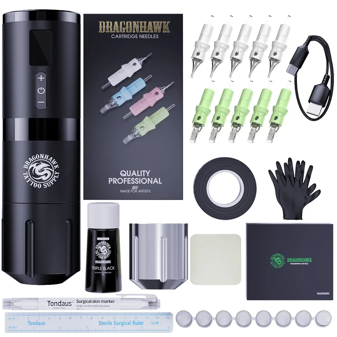Professional Dragonhawk Rotary Wireless Machine Mast Tattoo Pen Battery Makeup Permanent Needle Cartridge Ink Pigment Set Supply