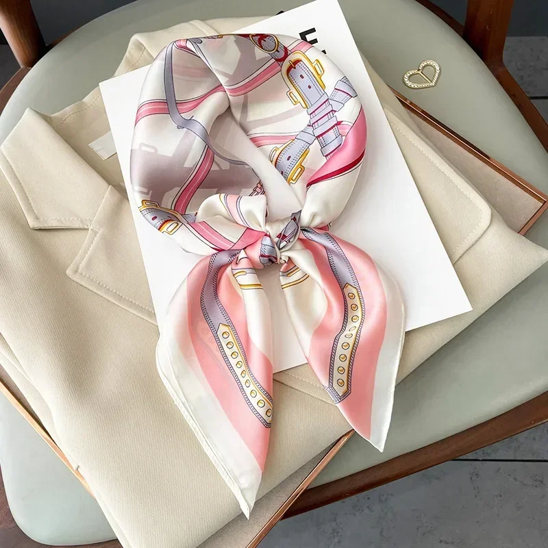 Luxury Design Skinny Silk Square Scarf Women Chain Print Foulard Neckerchief Lady Soft Satin Hairband Head Hijab Bag Ribbon Gift