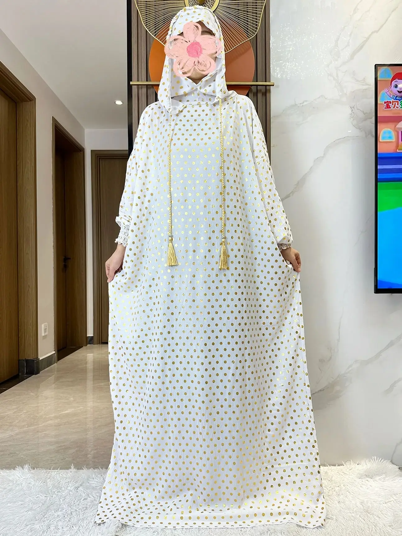 Wave Point Printiing Cotton Ramadan Muslim Two-Hat Abaya Dubai Turkey Islam Prayer Clothes Gold Dust Islam Women Dress Kaftan