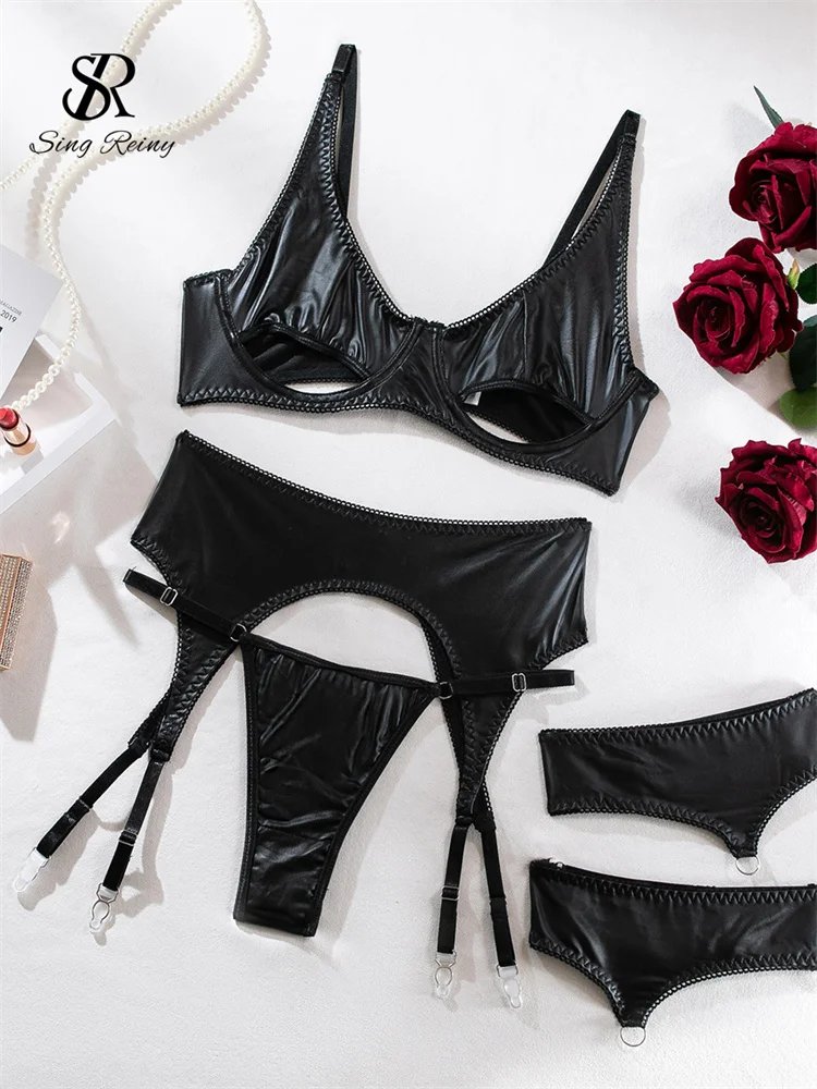 SINGREINY Sexy Leather Lingereie Bra&Briefs Suits Women Solid Strapless Hollow Out Slim Sleepwear Female Sexy Underwear Sets