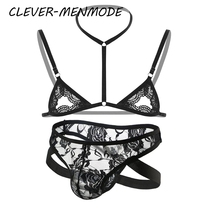 Men's Sexy  Underwea Set Mini Lace Transparent Bra Briefs Sex Lingerie Sissy Fetish Bikini Exotic Men Seat Belt BDSM Gay