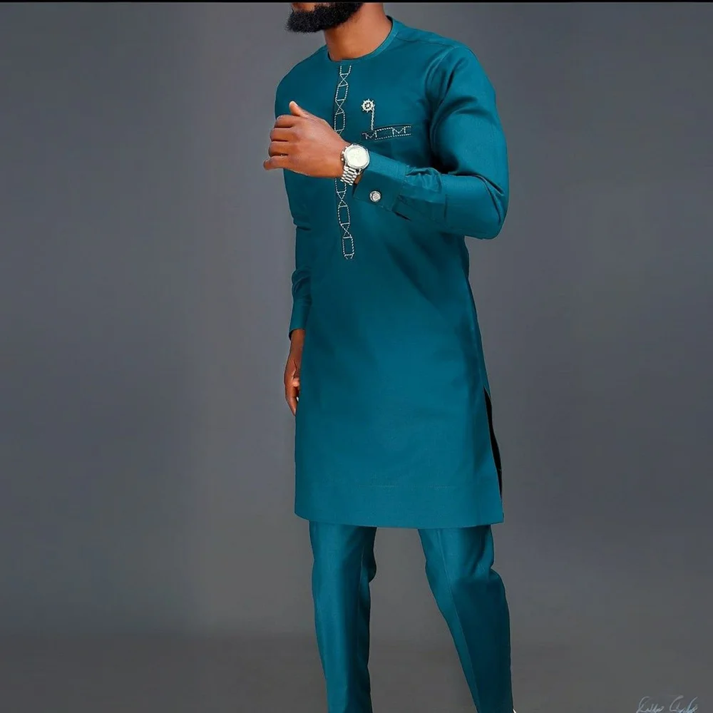 Summer African Men's Traditional Elegant Suits Outfit Dashiki 2Pc Shirt & Pants Full Set Designer Clothes Abaya Brand Costume
