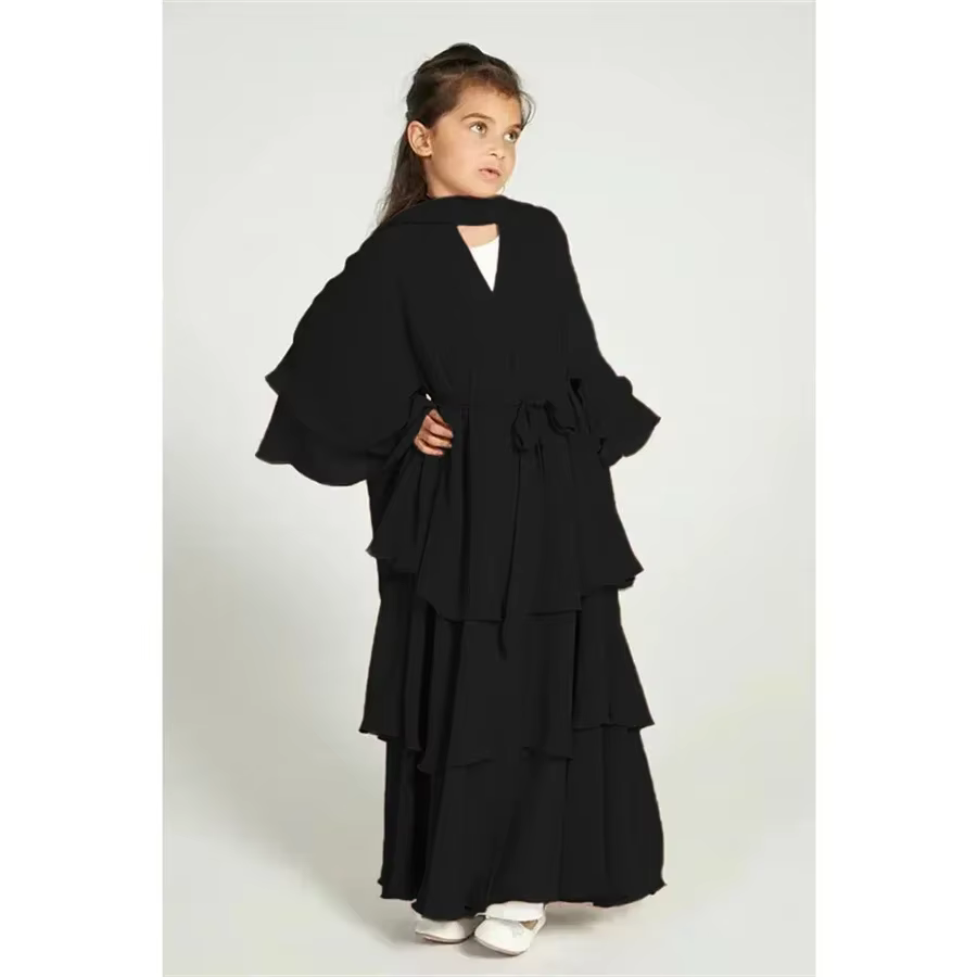 Ramadan Chiffon Muslim Sets Kids Open Abaya Girls Hijab Set Dubai Islamic Dresses Khimar Prayer Clothes for Children Long Robe