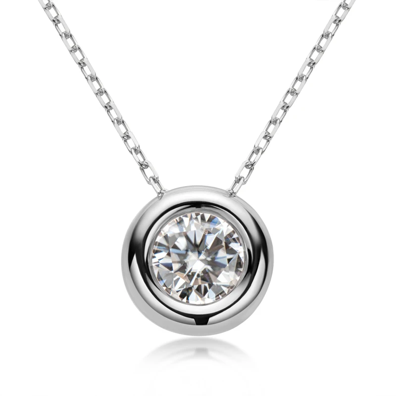 Lnngy 6.5mm Round Bezel Moissanite Pendant Necklace For Women 925 Sterling Silver Clavicle Chain Necklaces Jewelry Collare Mujer