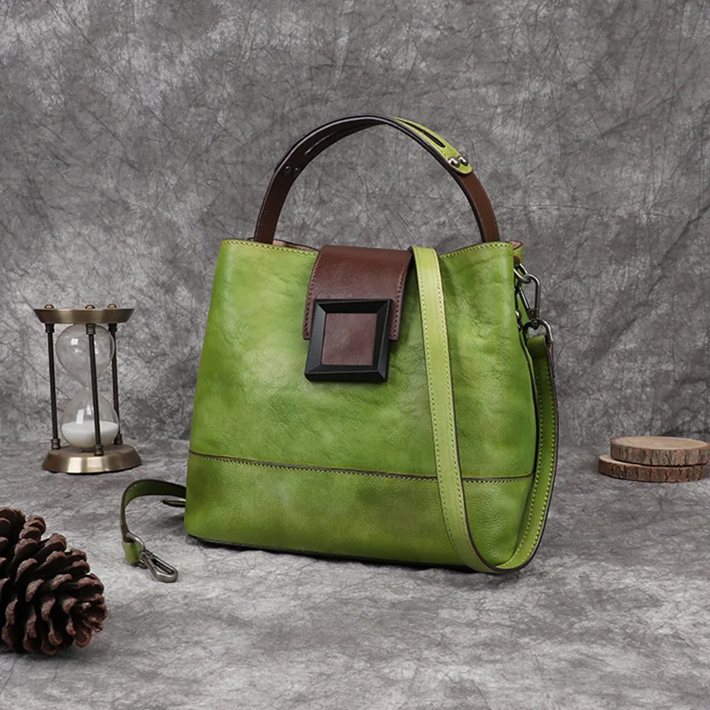 Motaora Women's Bag Retro Genuine Leather Shoulder Bags Handmade Women Bucket Bag First Layer Cowhide Top-handle Bags For Female
