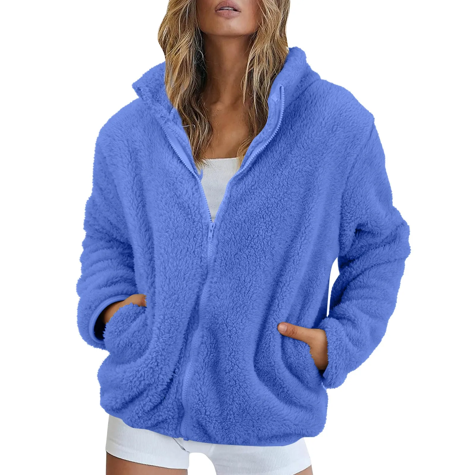 Trendy Lady Autumn Jacket Fluffy Winter Coat Loose Plush Plus Size Lady Jacket Stand Collar Long Sleeve Coral Velvet Coat Women
