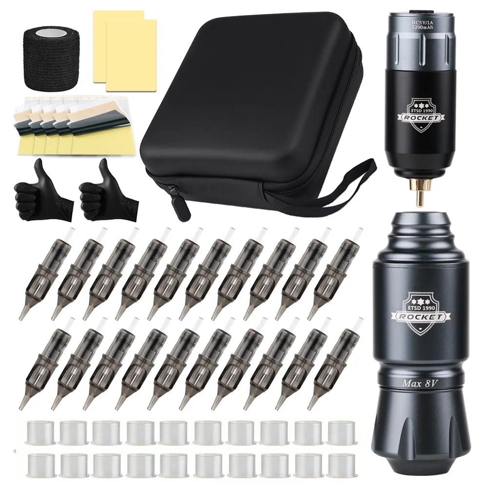 Wireless Tattoo Kit Complete Mini Rocket Machine Battery 20pc Tattoo Needles Power Rotary Tattoo Pen Permanent Makeup Tattoo Kit