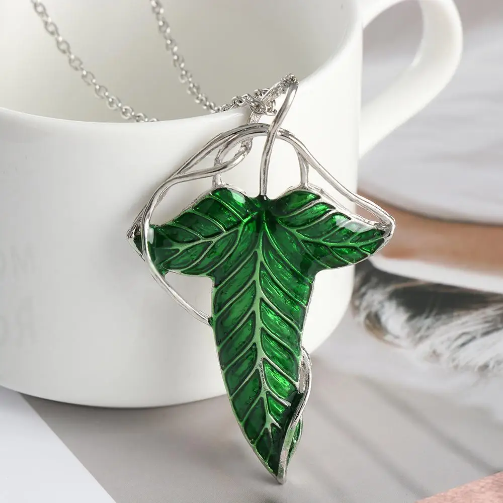 1pcs Women Jewelry Accessories Elven Pin Brooch Cosplay Rings Green Leaf Pendant Chain Necklace