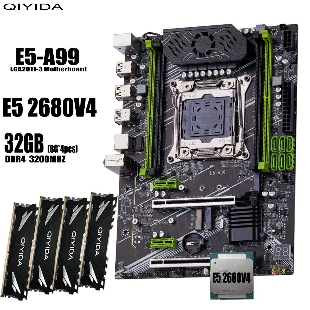 QIYIDA X99 motherboard set kit xeon LGA2011-3 E5 2680 V4 4*8gb=32GB 3200MHz 4 channels DDR4 SATA 3.0 nvme M.2 ATX