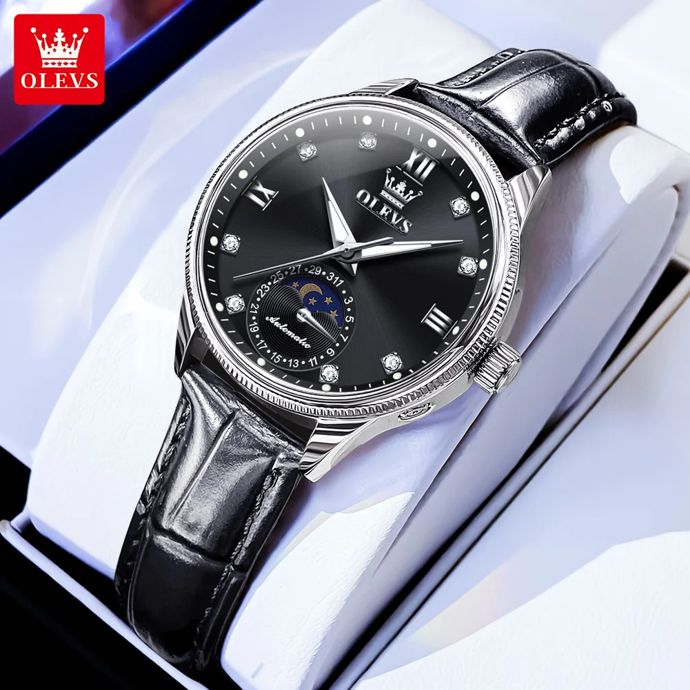 OLEVS 7039 Womens Watch Original Automatic Mechanical Wristwatch Leather Strap Reloj Mujer Waterproof Luminous Moon Phase Watch