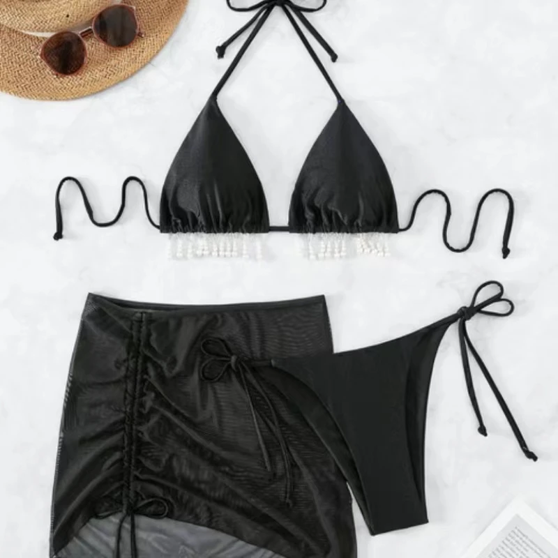 Pure Color Split Swimsuit Black Lace-up Fringed Bra Breathable Comfortable High-waisted Briefs Outer Gauze Skirt Three-piece Set