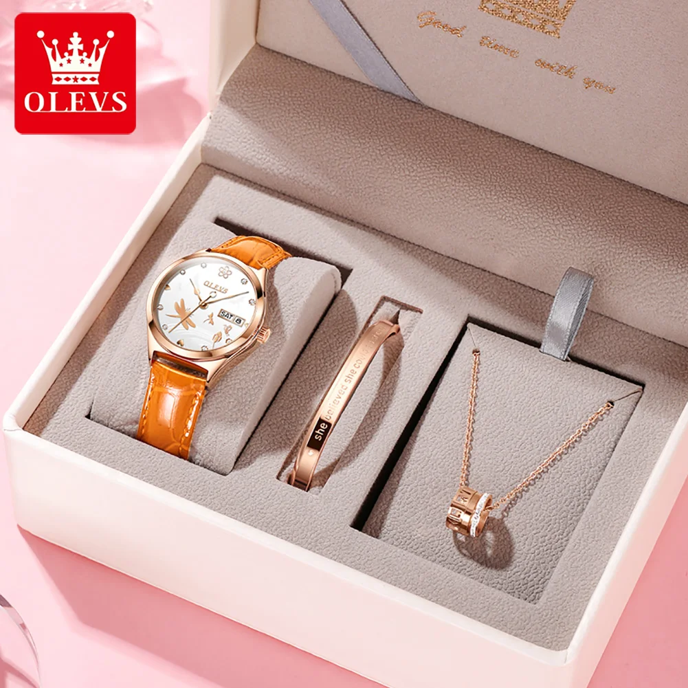 Womens Wrist Watch OLVES 6611 Automatic Mechanical Watches For women Orange Leather Strap Waterproof Luminous Date Week