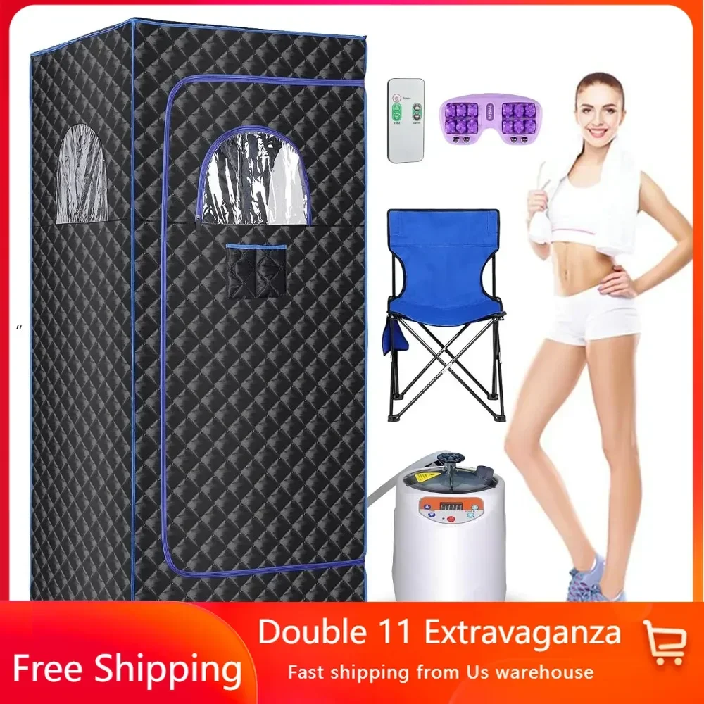 Portable Sauna Room, Large Space Family Sauna Tent with 3L 1100W Steam Engine and Chair, Foot Massager, Remote Control (black)