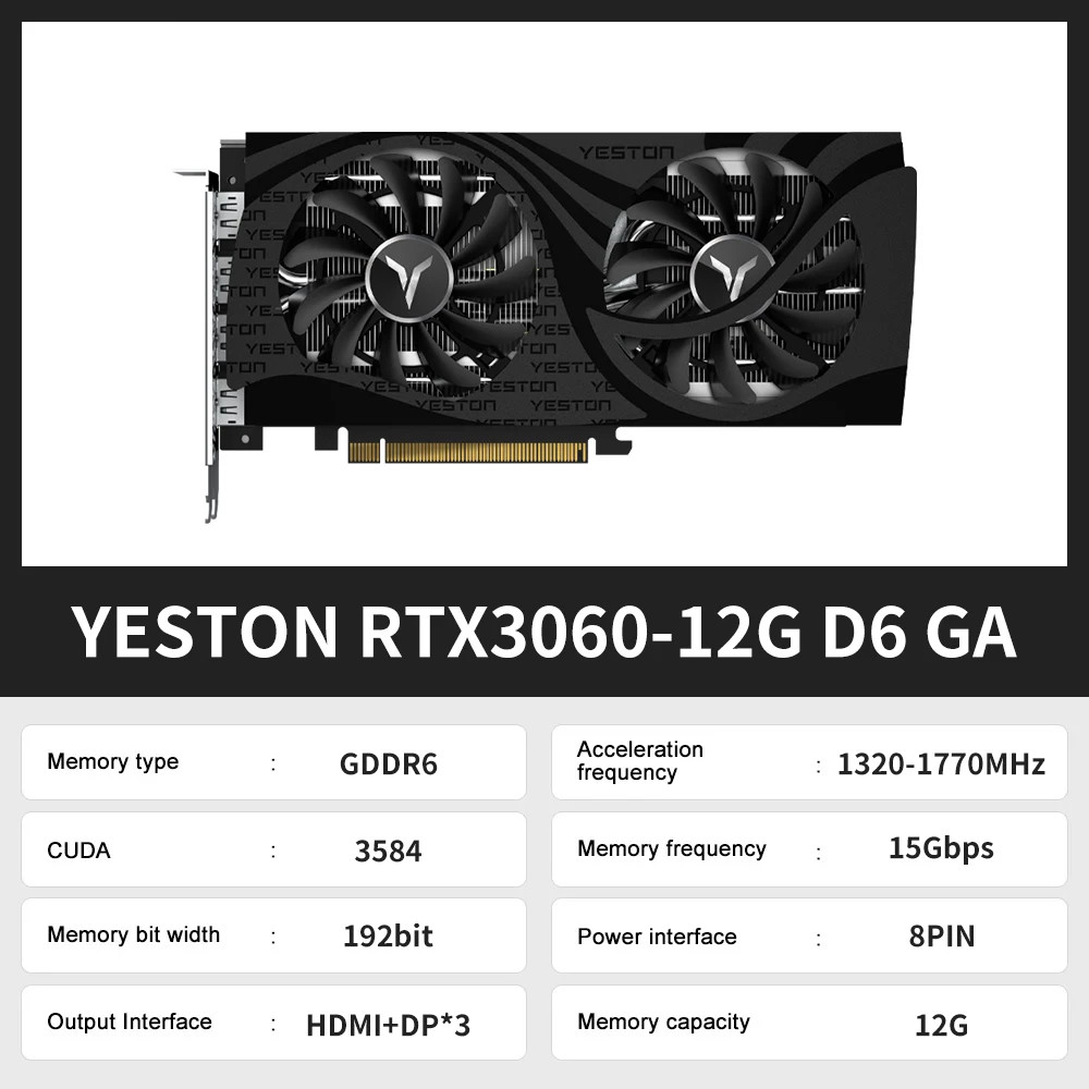Yeston GeForce RTX 3060 RTX 3060 TI 12G Gaming Graphics Card 8GB GDDR6 192-bit HDMI DP PCI-E 4.0 8Pin Desktop New Video Card