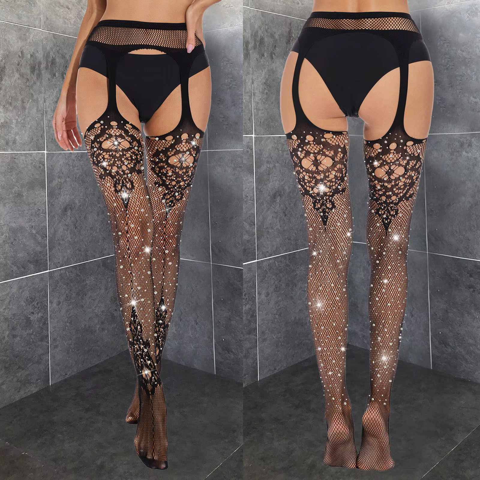 Sexy Women Stockings Fishnet Tights Transparent Crotchless Pantyhose Thigh High Elastic Embroidery Stocking With Garter Belt