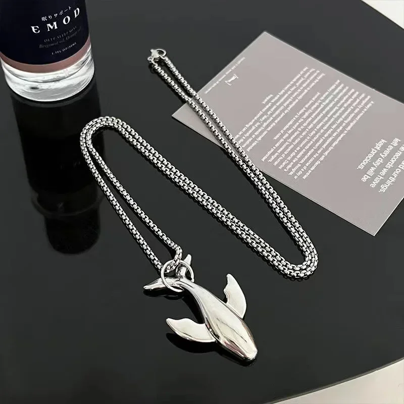 Trend Whale Pendant Necklace for Men Women Stainless Steel Exquisite Silver Color Cross Long Sweater Chain Hip-pop Jewelry