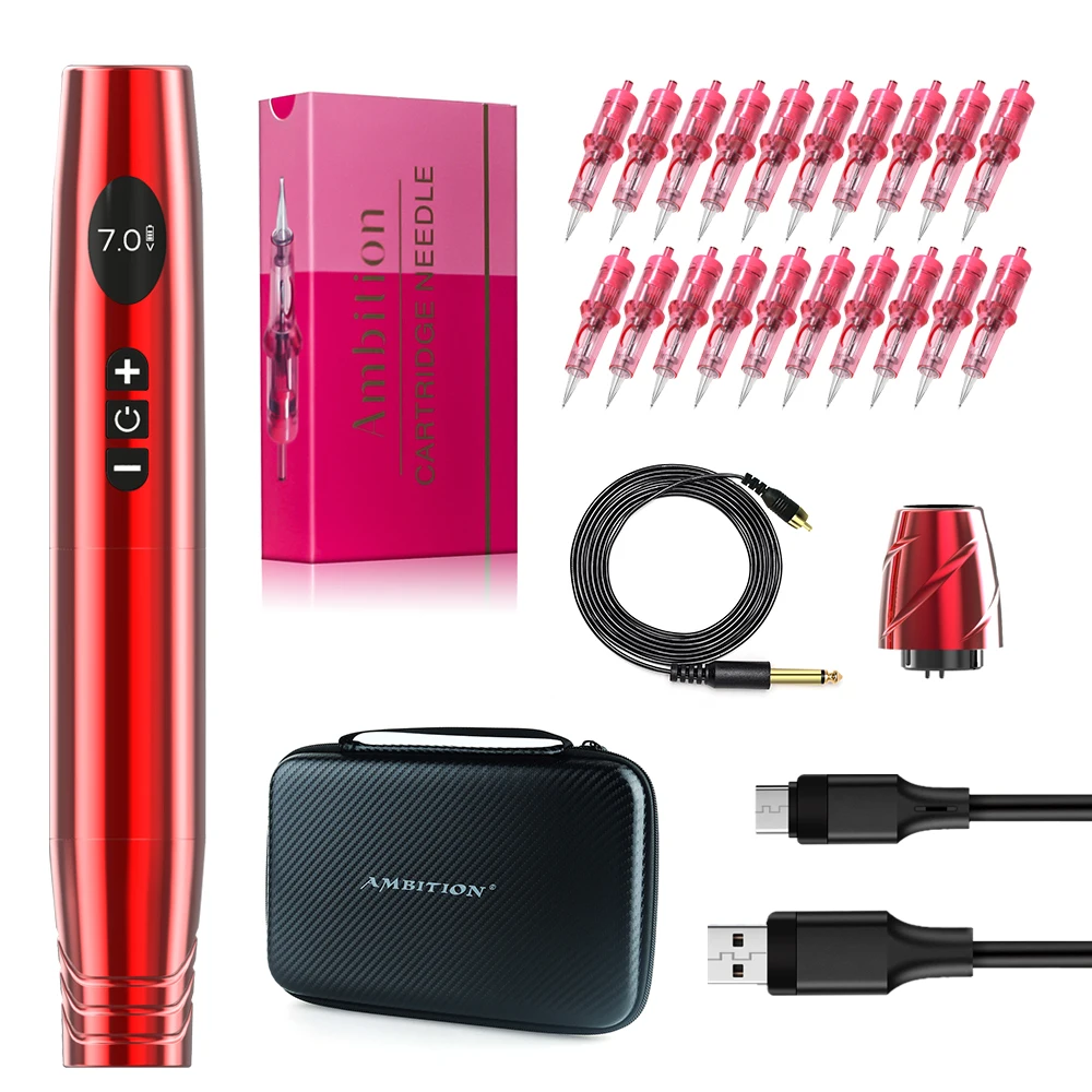 Ambition Tattoo Machine Pen Kit Cartridge Needles Set For Makeup Powerful Coreless Motor Fast Charging 1200mAh Lithium Battery