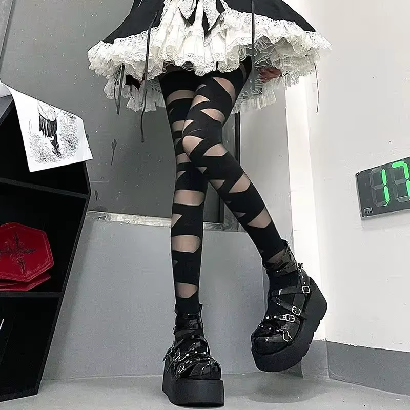 Gothic Lolita Accessories Bandage Design Thin Soft Long Socks Women Sexy Cross Strap Bottom Stockings Cosplay Cute Girls Hosiery