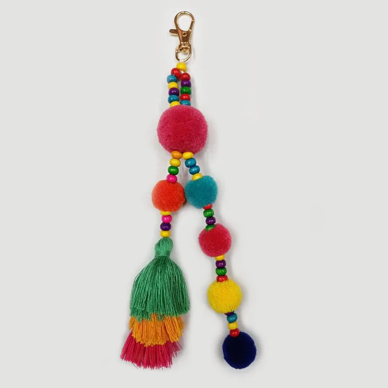 Boho Style Hair Ball Tassel Keychain Summer Beach Shell Keychain Colorful Pompom Keyring for Women Bag Hanging Pendants