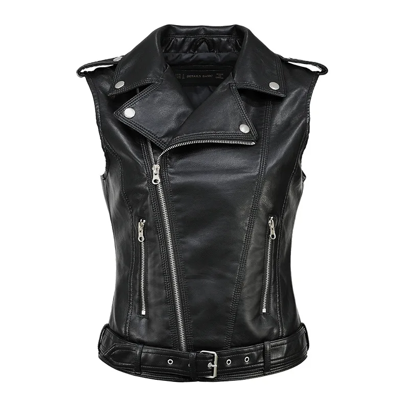 Streetwear Women Soft PU Vest Female Plus Size 5XL Faux Sheepskin Lapel Coat Moto Biker Waistcoat Sleeveless Leather Jacket