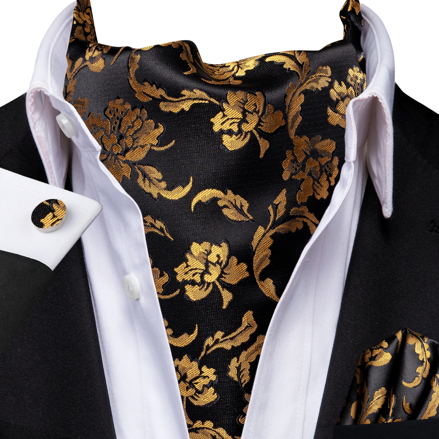 Hi-Tie Silk Mens Ascot Pocket Square Cufflinks Set Jacquard Paisley Floral Vintage Cravat Tie for Male Red Blue Green Gold Pink
