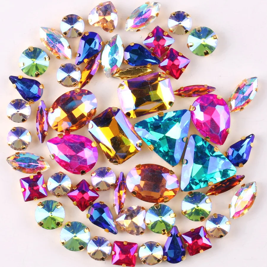 Gold claw setting 50pcs/bag shapes mix Violet glass crystal sew on rhinestone wedding dress shoes bags diy trim