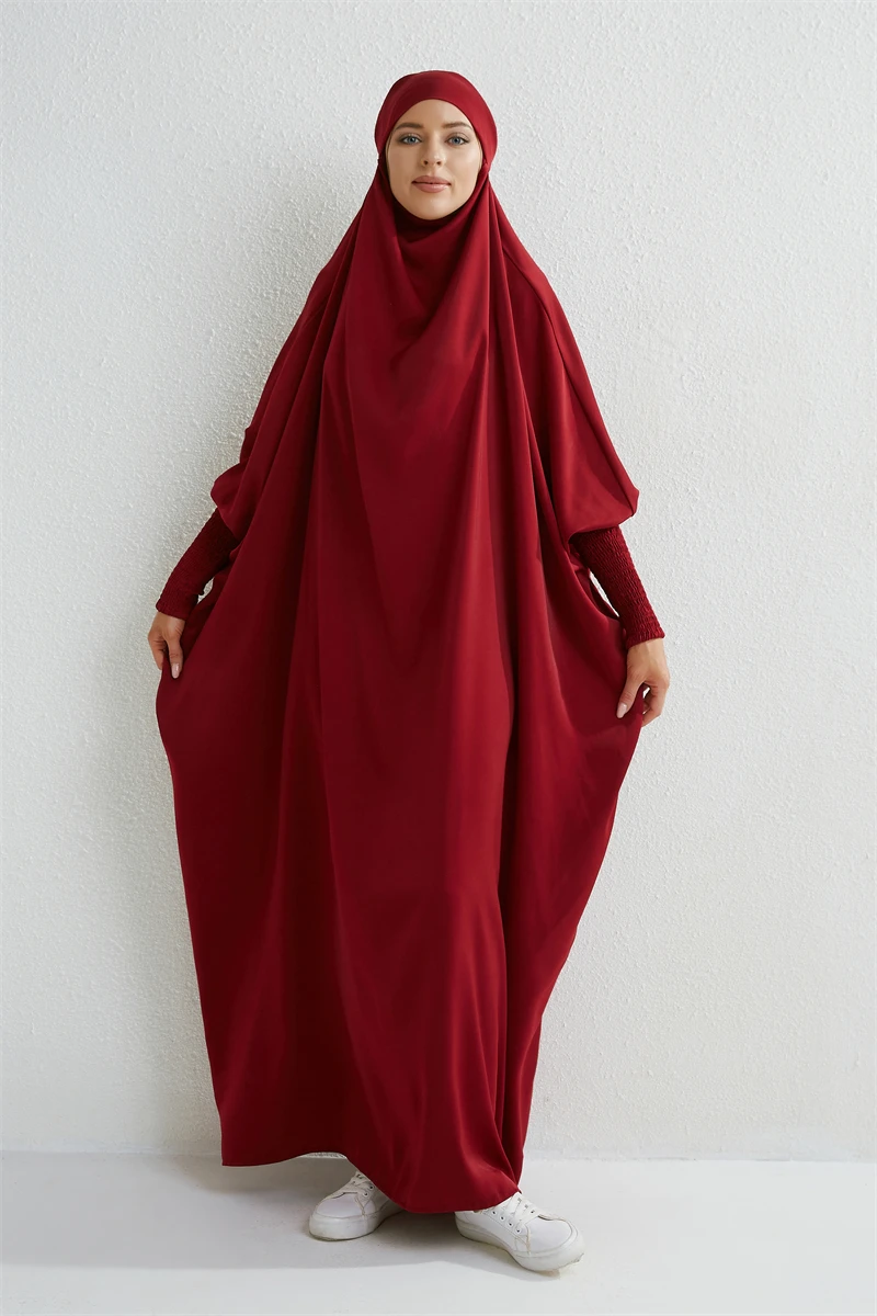 Muslim Abaya Women Jilbab Hooded Smocking Sleeve One-piece Prayer Dress Islamic Clothing Dubai Saudi Black Robe Turkish Modesty