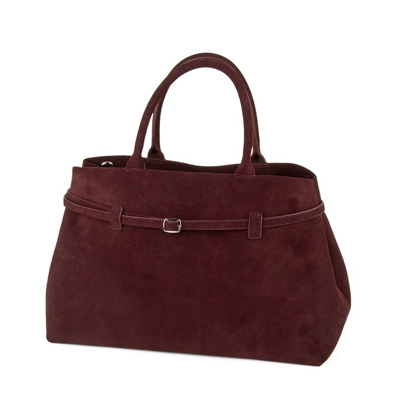 Donna-in Natural Suede Burgundy Handbag Large Capacity Chamois Top Handle Tote Bag for Women Work with Removable Shoulder Strap