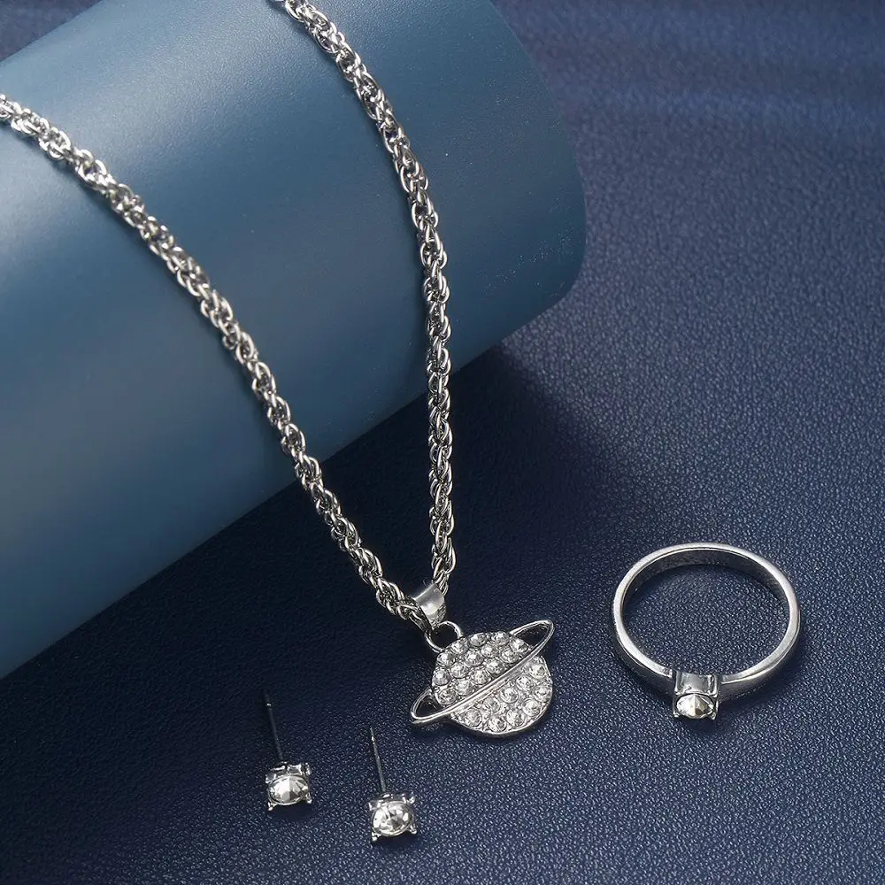 1Set Hot Selling Personalized Creativity Simple Inlaid Circular Zircon Planet Pendant Necklace Earrings Ring Jewelry