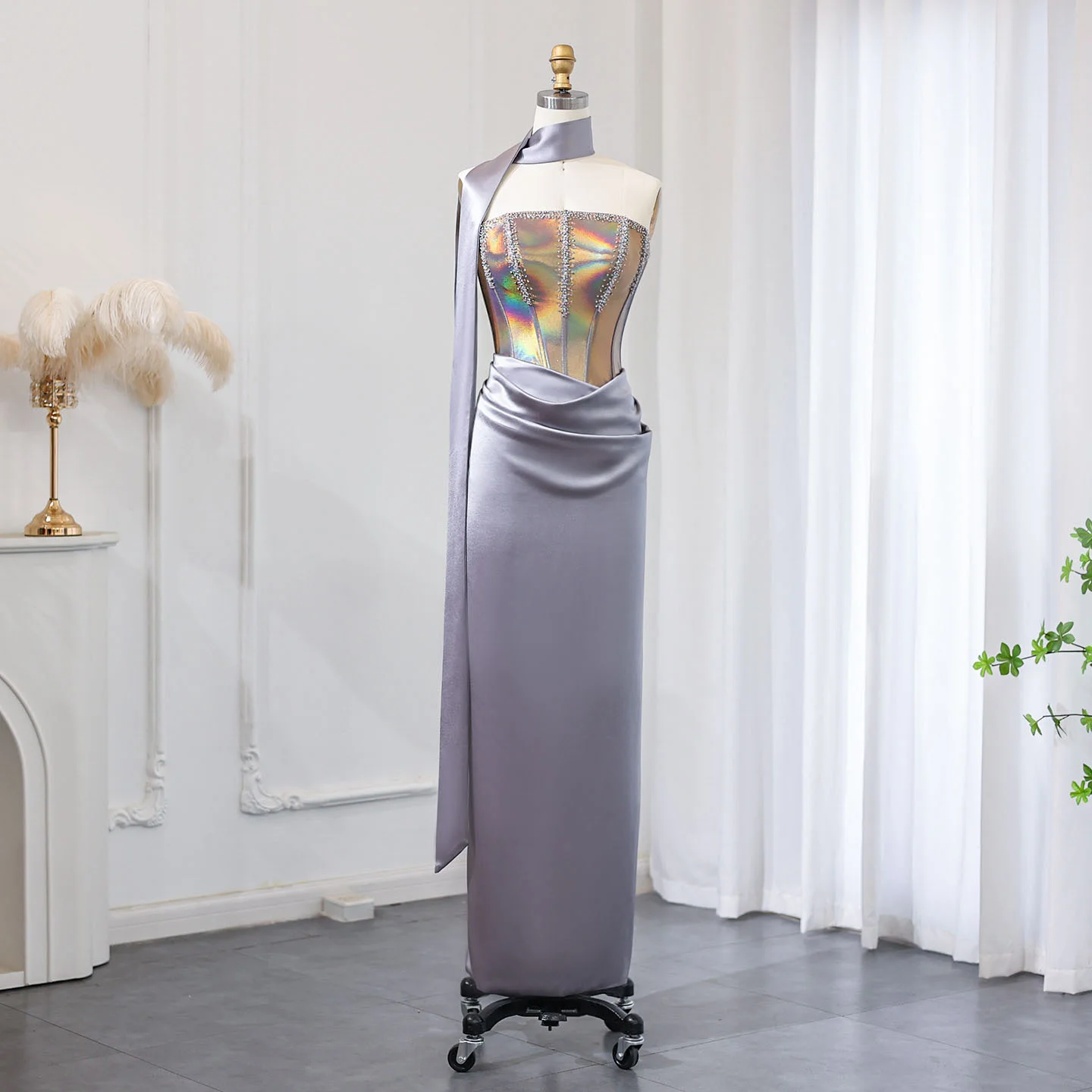 Sharon Said Strapless Gray Satin Evening Dress with Scarf Luxury Arab Crystal Formal Dress Women Wedding Party SS504 Customized