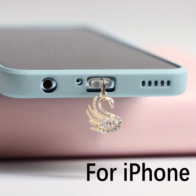 Mobile phone dust plug beautiful swan fashionable alloy diamond pendant data cable charging port plug