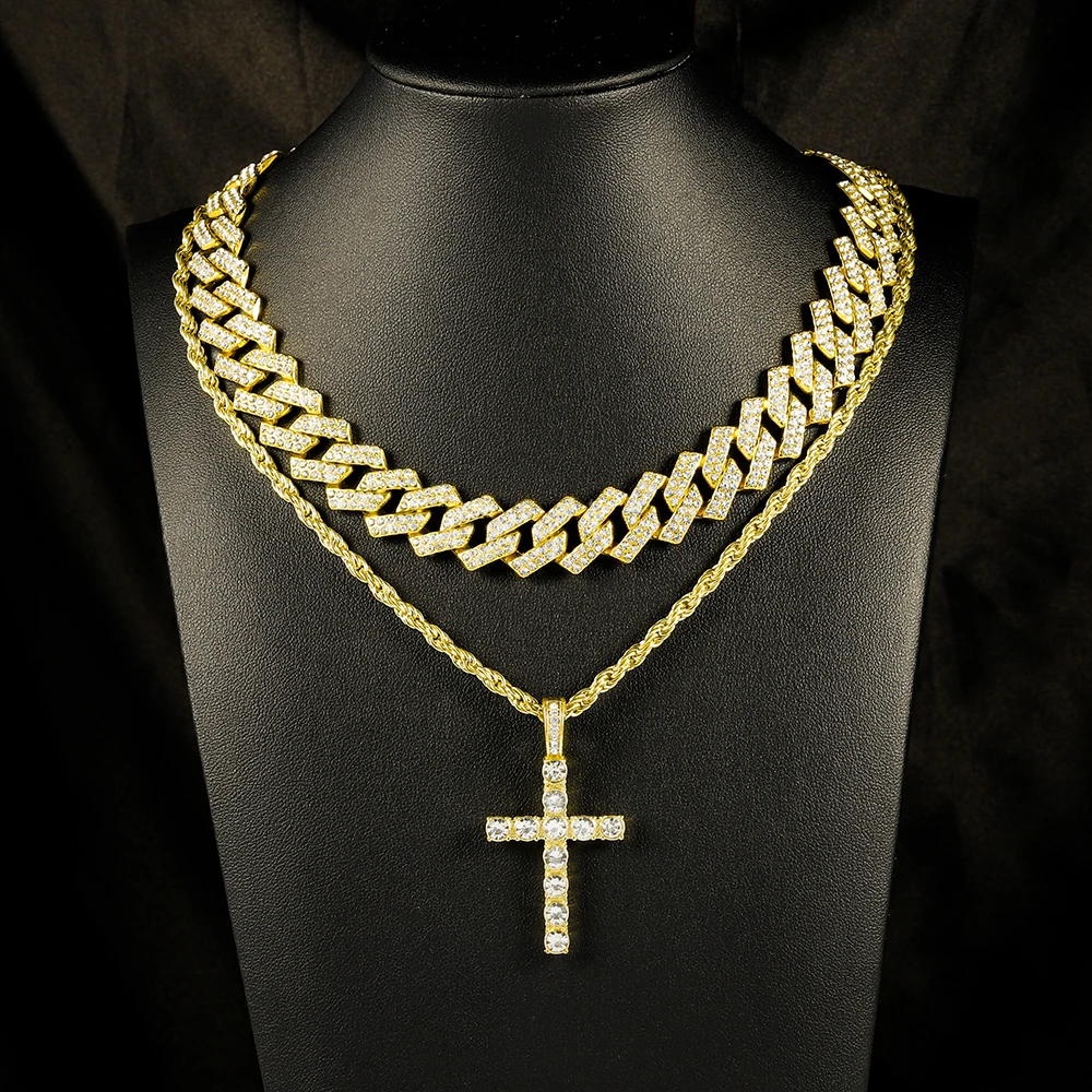 Stylish Hip-hop Punk Necklace Set Iced Out Inlay Diamonds Cross Jesus Pendant Cuban Chain Tennis Chain Men Women Jewelry Gift