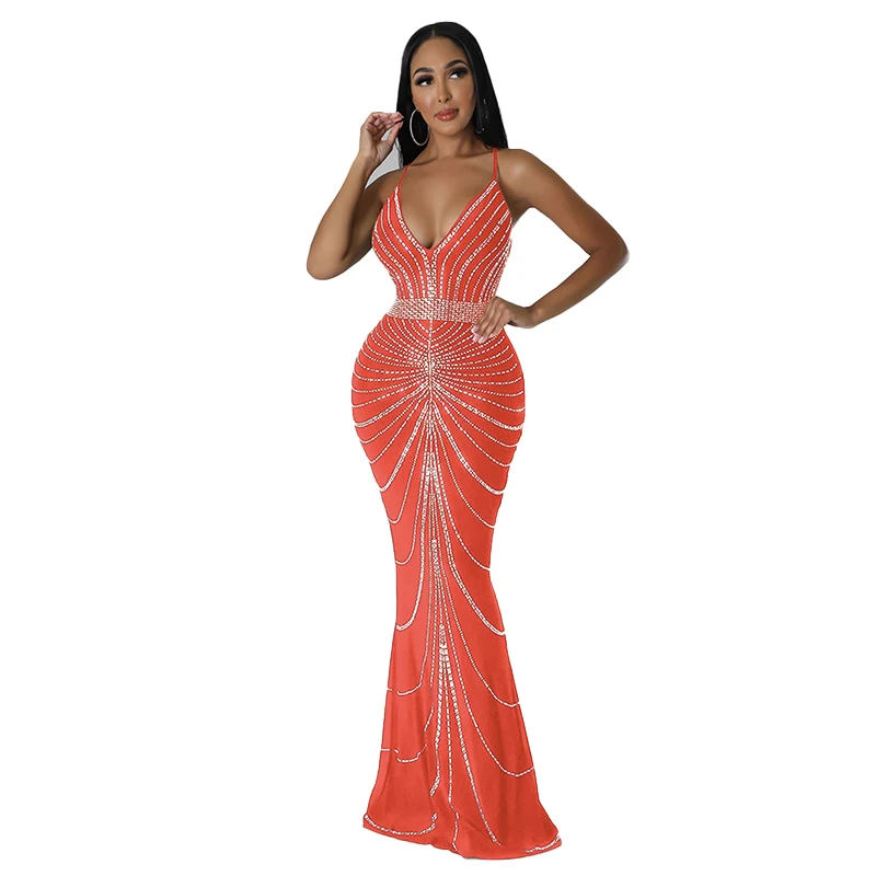 Sparkling Solid Color Hot Diamond Sheer Mesh Long Skirt, Elegant and Luxurious Spring Women's Cocktail Dress, Celebrity Clothing