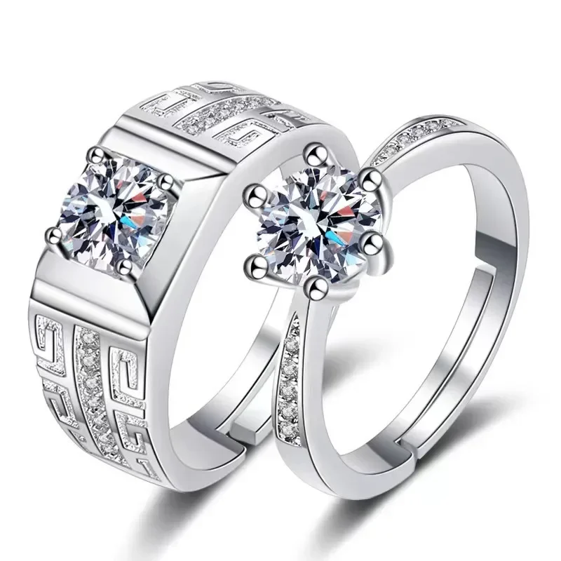 Moissanite Zircon Engagement Open Ring Men and Women Models Pair Ring Classic Six-claw Couple Pair Wedding Ring