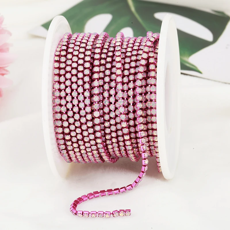 SS6 2mm 1 yard Pink /Green/Blue Opal Glass Rhinestone Cup Chain Glitter Crystal Rhinestone Trim For DIY Wedding Dress Decoration