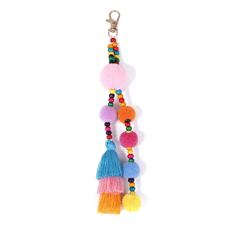 Boho Style Hair Ball Tassel Keychain Summer Beach Shell Keychain Colorful Pompom Keyring for Women Bag Hanging Pendants