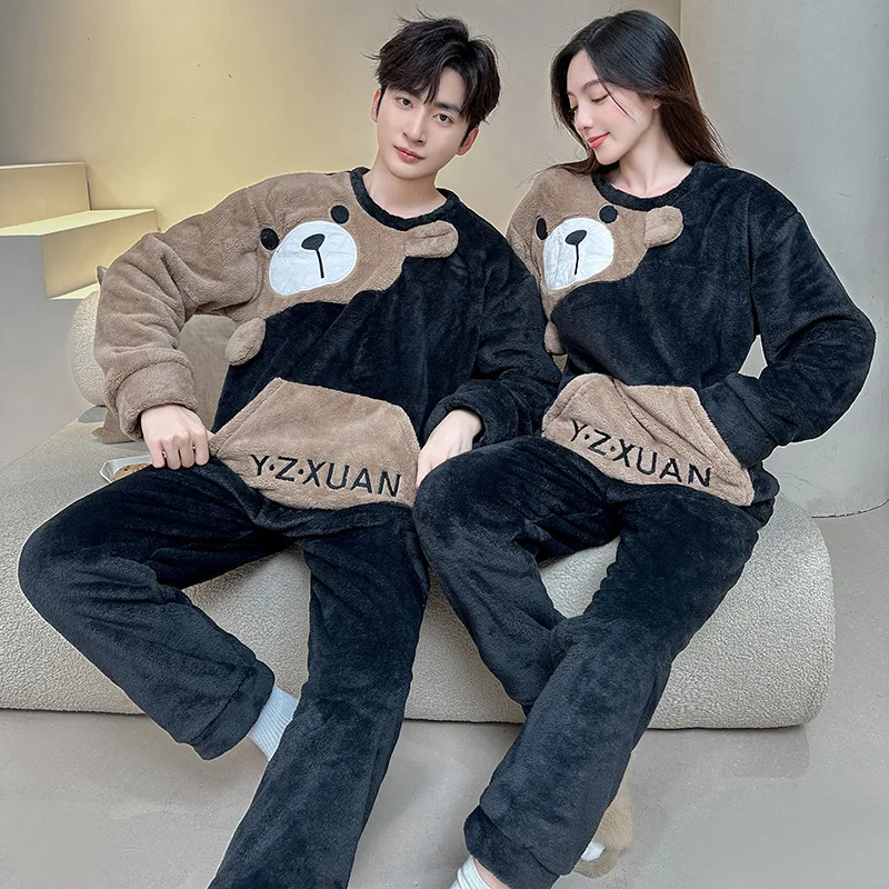 Winter Long Sleeve Thick Warm Flannel Pajama Set for Men Coral Velvet Cartoon Couple Sleepwear Pyjamas Women Homewear Clothes