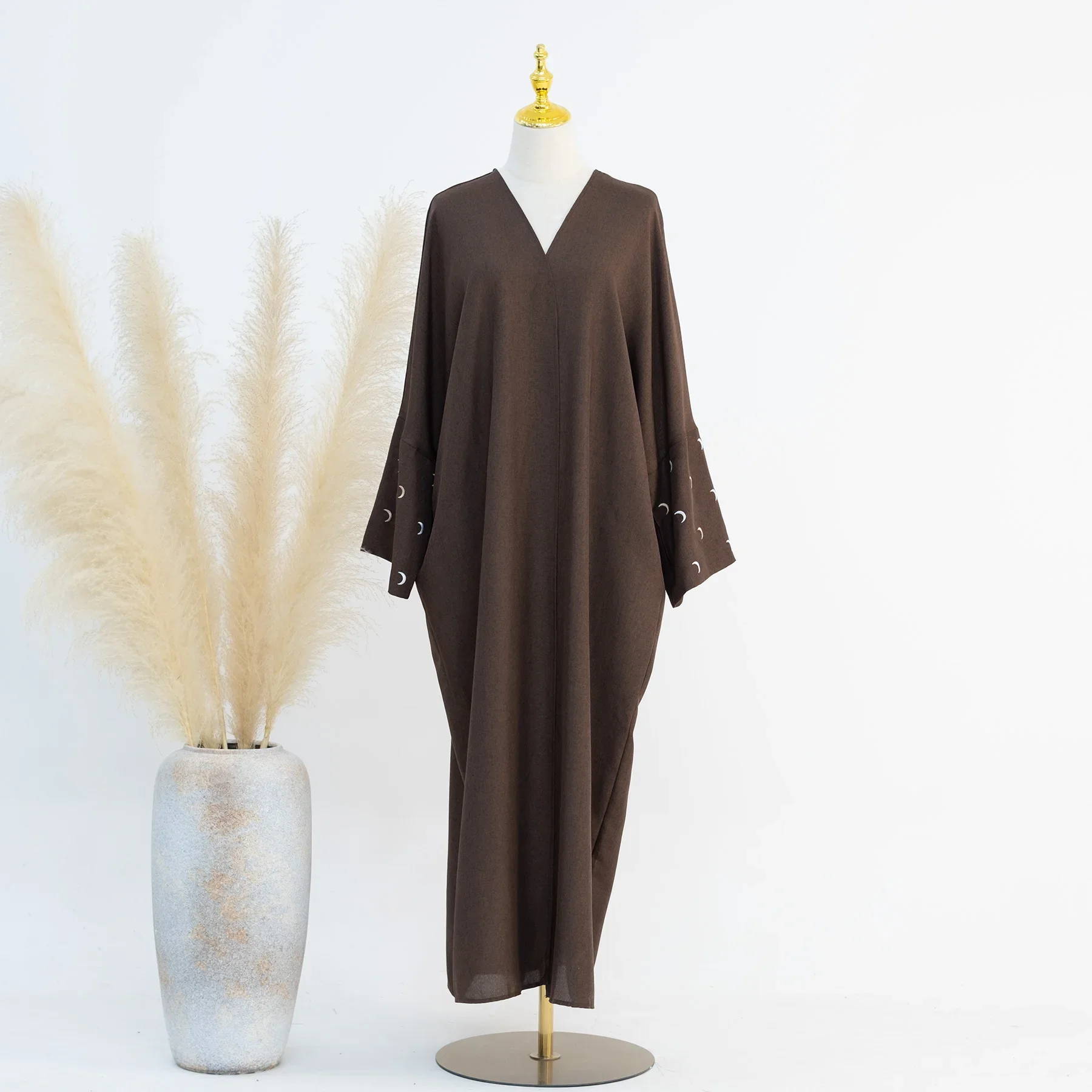 Moon Embroidery Open Abaya for Women Thin Linen Cardigan Islamic Clothing  Turkey Muslim Long Dress Ramadan Eid Outfit Kaftan