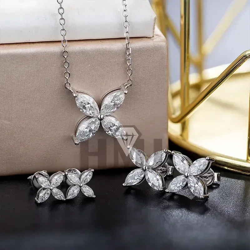 (Note New Promotion) Real Moissanite Earrings Necklace 100% 925 Sterling Silver Plated 18K Gold Engagement Party Fine Jewelry