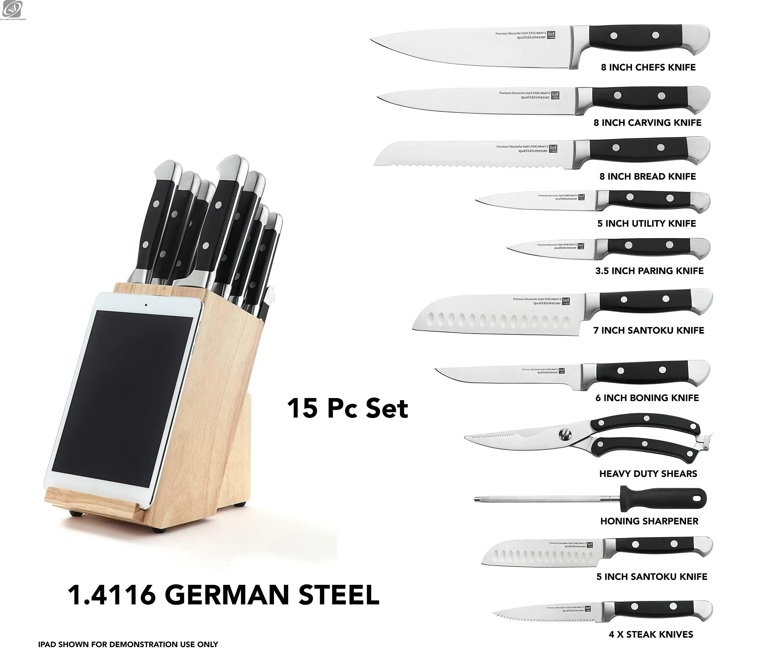 Best Knife Sets For Kitchen With Block 15 PCS German Stainless Steel 1.4116 Steel Unique Kitchen Knife Set With IPad Holder
