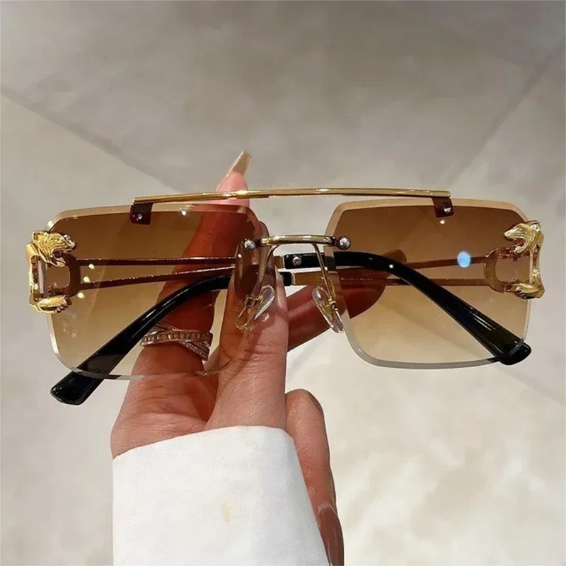 A Pair Of Frameless Diamond Cut Edge Box Cross-Border Glasses Leopard Head Sunglasses Men And Women Dual Beams Personalized Tren
