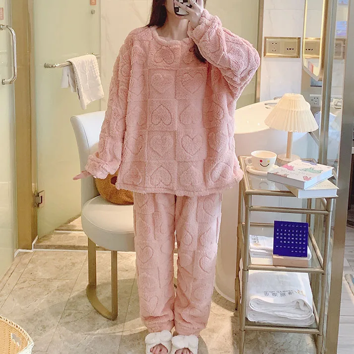 Women Warm Pajamas Sets Winter Thick Winter Coral Fleece Sleepwear Flannel Plus Size Pyjamas Night Wear Home Clothes M-6XL