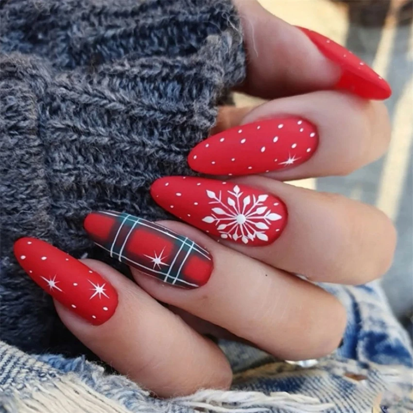 24Pcs/Set Christmas Collection Black Long Ballet Wearing False Nails Art Snowflake Press on Acrylic Nail Tips Hot Stick on Nails