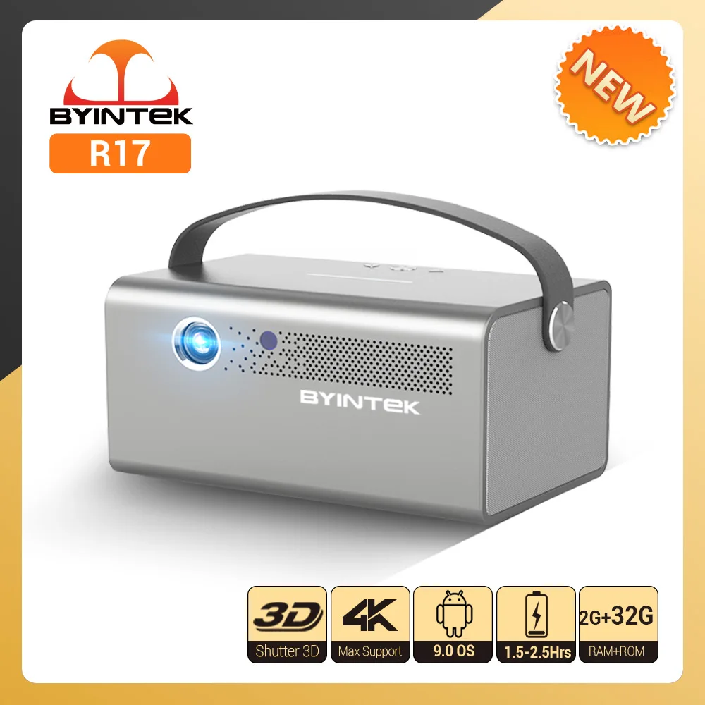 BYINTEK R17 Projector 4K Smart 3D Android WiFi Portable DLP Mini Projector Full HD 1080P 750ANSI Lumens 6D Keyston With Battery