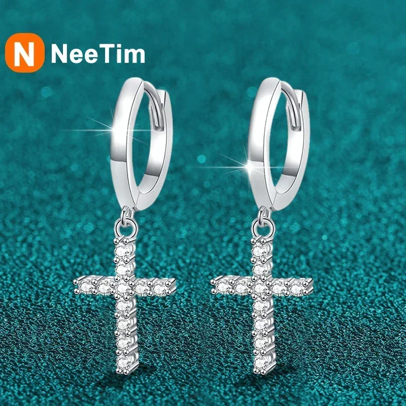 NeeTim D Color Moissanite Cross Pendant Earrings for Women 925 Sterling Silver Hoop Drop Earring Wedding Party Jewelry Wholesale