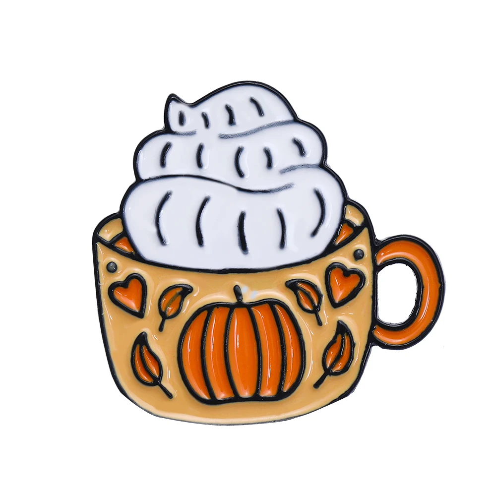 White Yellow Enamel Pumpkin Leaf Love Cup With Ice Cream Brooches Summer Style Lapel Pins For Women Girls Clothing Bag Badge