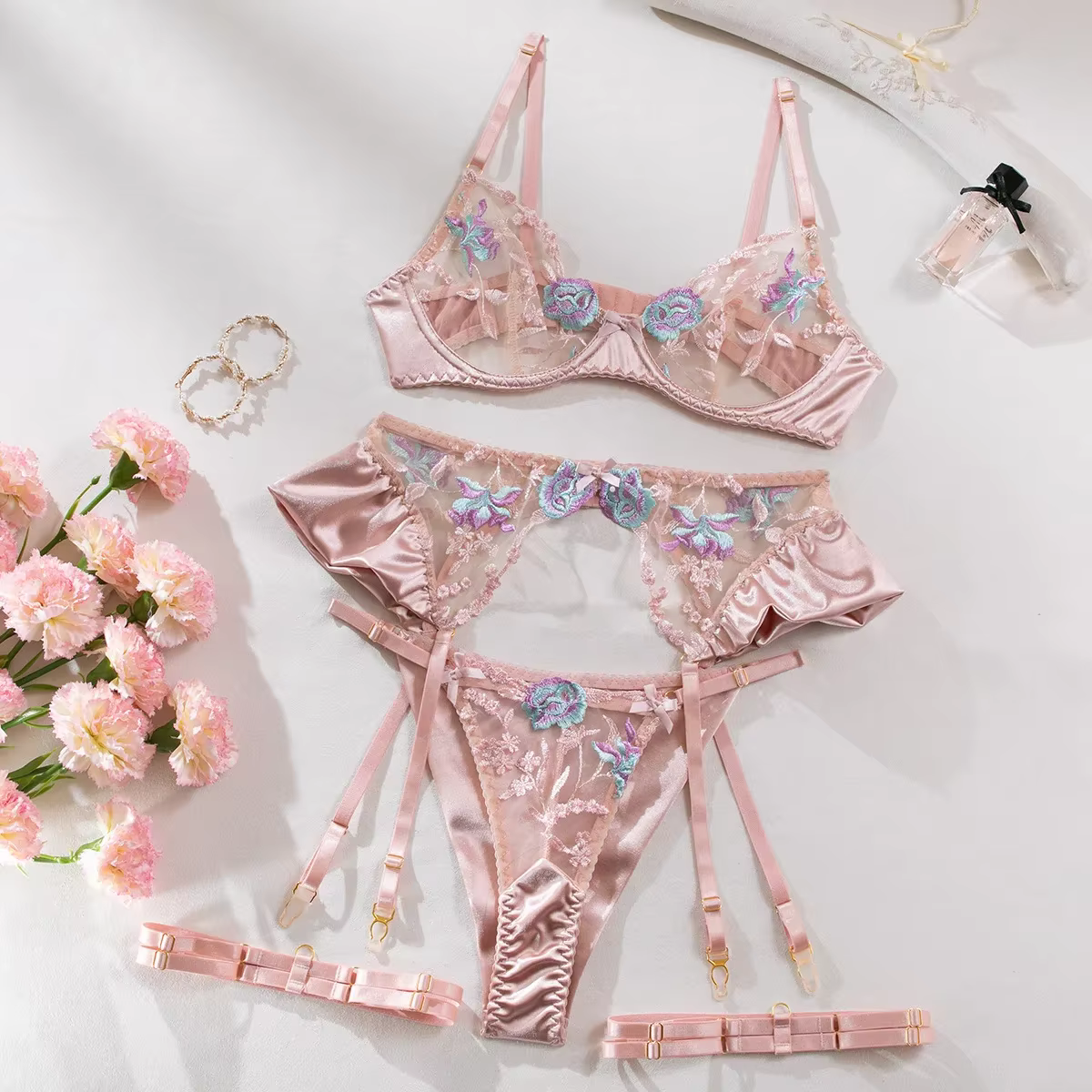 Sexy Unlined Floral Embroidery Lingerie Sets Mesh Patchwork See-through Bra Brief Underwire Sets Fancy Erotic Outfits