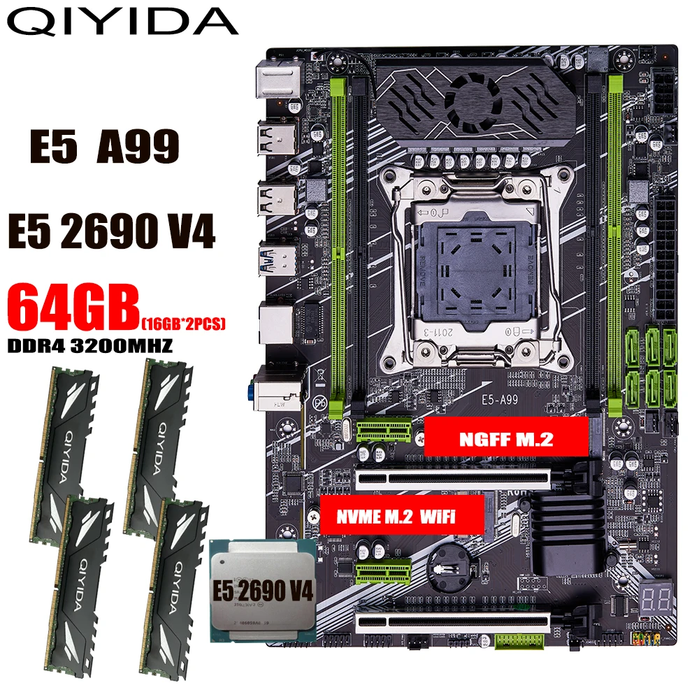 QIYIDA X99 motherboard set kit xeon LGA2011-3 E5 2690 V4 64GB (4*16gb)3200MHz 4 channels DDR4 SATA 3.0 nvme M.2 ATX
