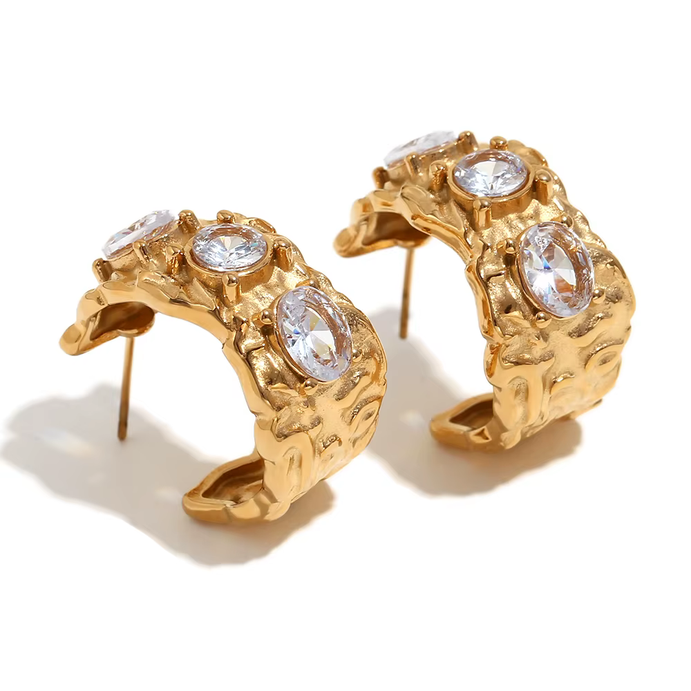 E.B.belle Cast  Irregular Colorful Rhinestone Bracelet Earring Ring Jewelry Set 18k Gold Plated Stainless Steel For Women Charm